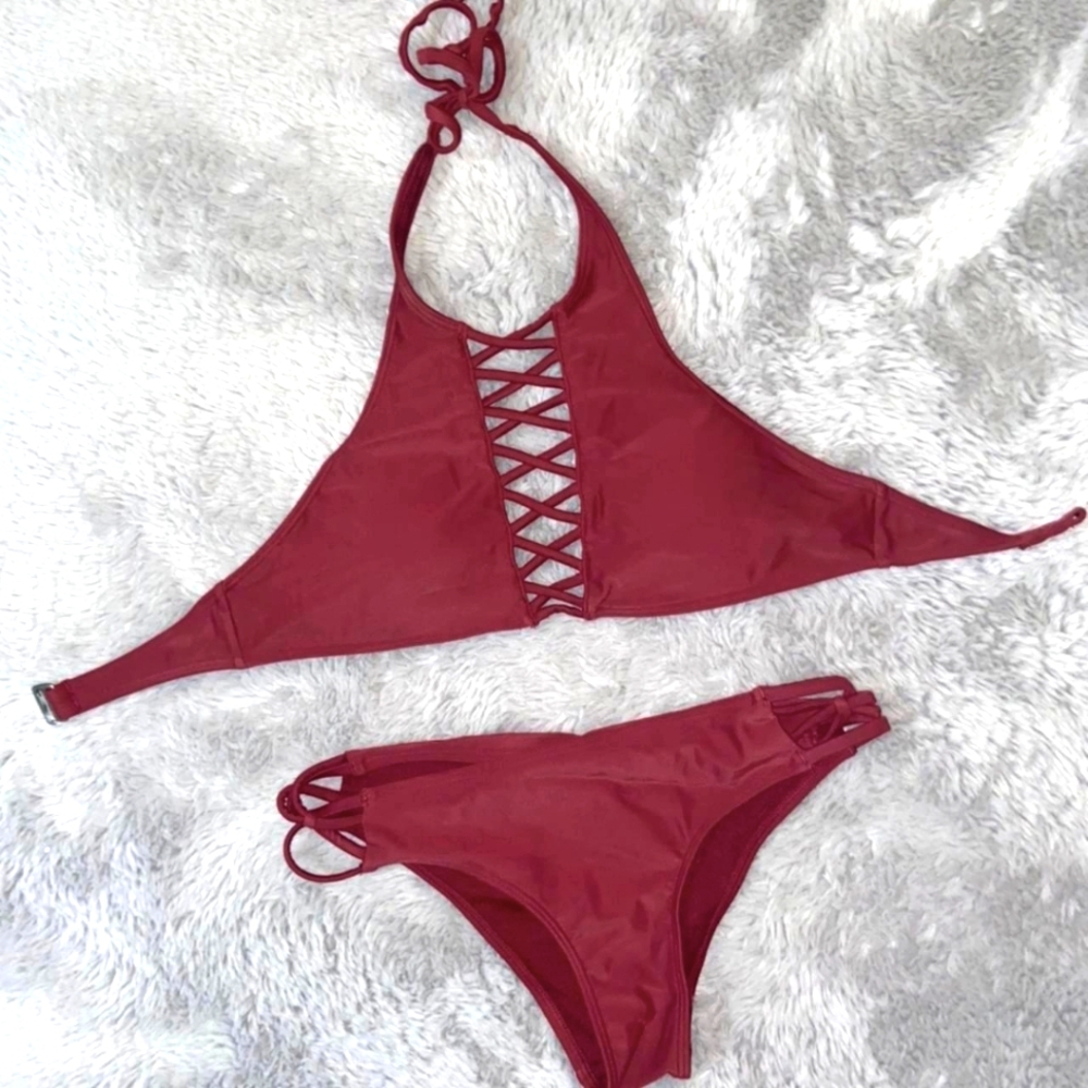 Women's Dark Purple Criss Cross Halter Bikini
